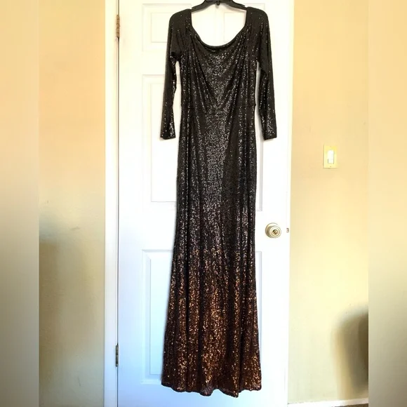 Sequin Cocktail Dress Long, Tadashi Shoji Stretch Black & Copper. Long Sleeve - Picture 4 of 14